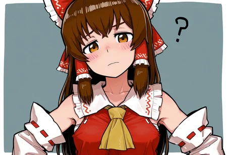 best quality, hires, thick outlines,
upper body, looking at viewer, head tilt,
1girl, solo, (kanna \(cookie\):1.2), (hakurei reimu:0.5),
long hair, brown hair,
hair bow, hair tubes, frilled tubes, frilled bow,
blush sticker, tareme,
bare shoulders, detached sleeves, ribbon trimmed sleeves, white sleeves,
sarashi,
red shirt, frilled shirt collar,
ascot,
medium breasts, skinny,
closed mouth, shrugging, ?, raised inner eyebrow,