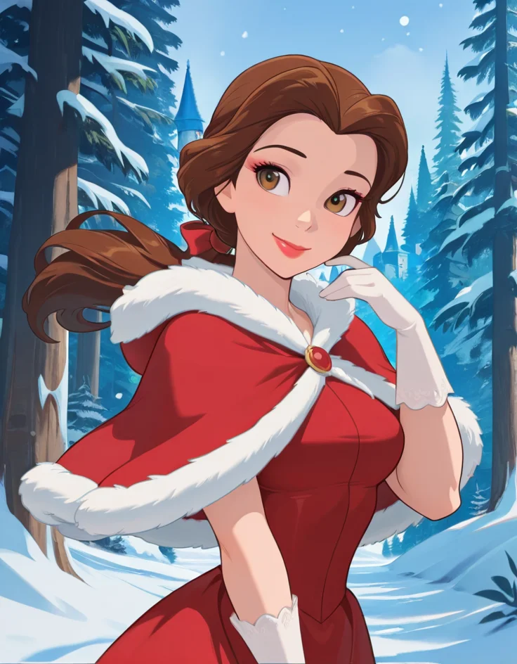 masterpiece, best quality, amazing quality, very aesthetic, absurdres, newest, detailed background, cowboy shot, 4k, 8k,
bellexd, 1girl, solo, brown hair, gloves, brown eyes, dress, long hair, lipstick, white gloves, makeup, capelet, red dress, ponytail, smile, fur trim, snow, forest, castle
<lora:Bella:1>