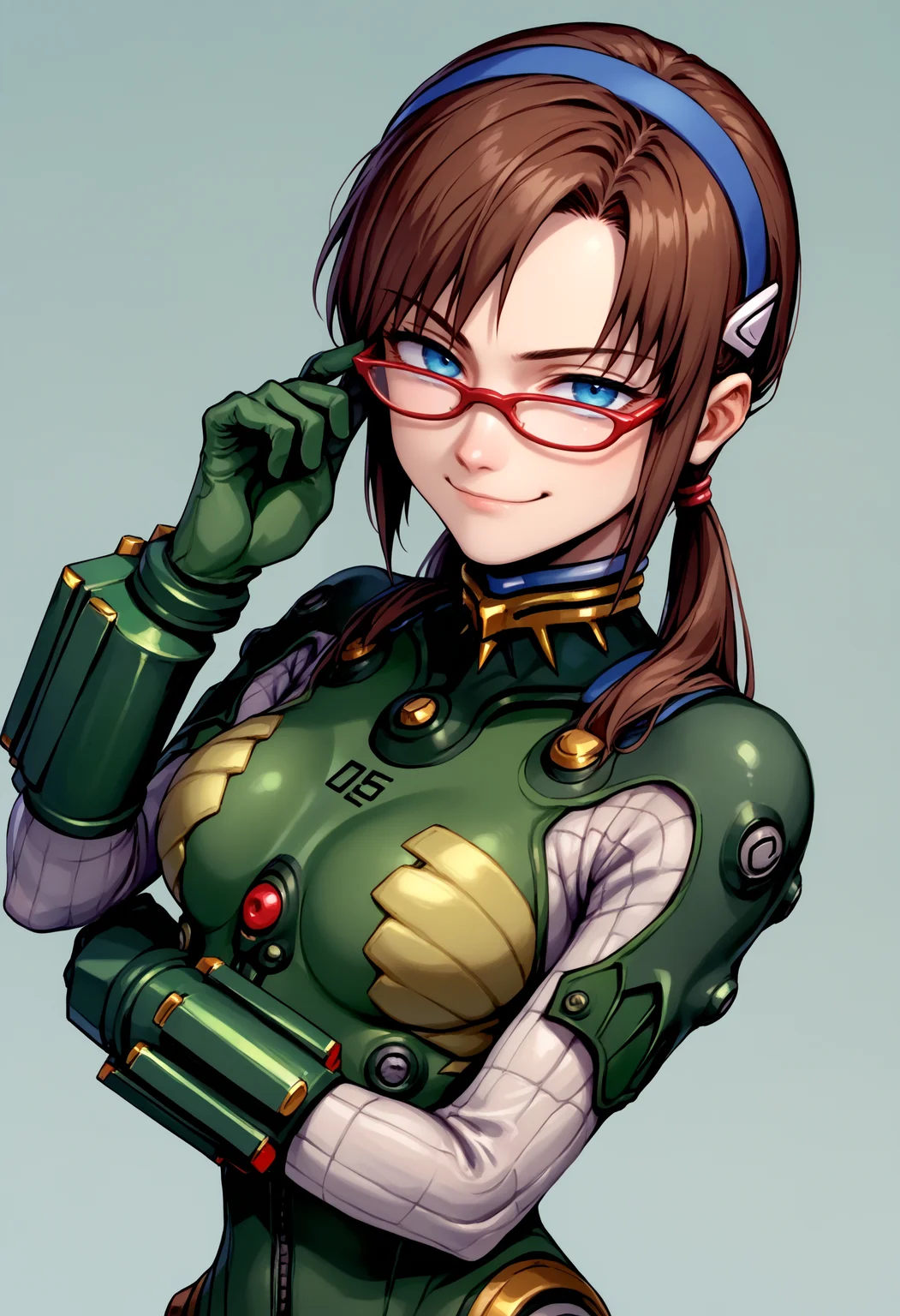 score_9, score_8_up, <lora:Degen_Mari_Green_v1:.9> mari-green, hairband, red-framed eyewear, green plugsuit, bracer, numbered, quilted bodysuit, brown hair, contrapposto, playing with own hair, smug, blue eyes, cowboy shot, light smile,