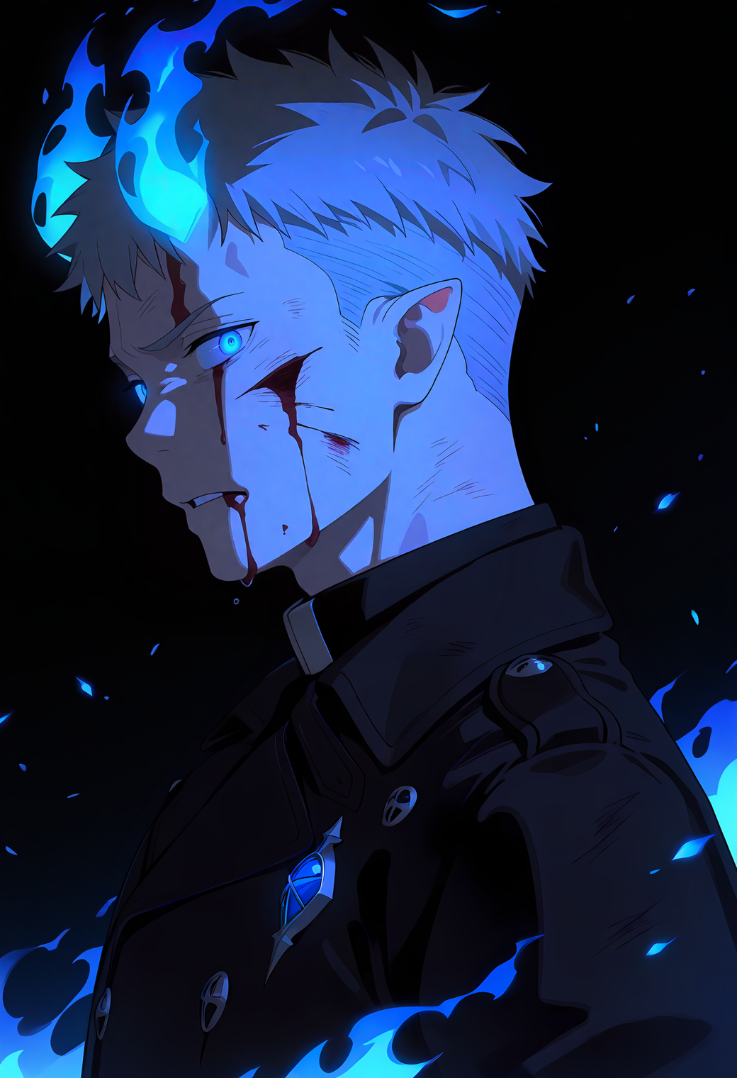 <lora:Fujimoto_Shiro_Blue_Exorcist__Ao_No_Exorcist__éã®ç¥é­å¸«_v2:1>,
fsh1r0,grey hair,blue eyes,1boy,male focus,solo,fsh1r0_brooch,fsh1r0_outfit,(muscular male:0.6),
injury,blood on face,blue theme,(dark),black background,blue fire,blue embers,pointy ears,upper body,from side,looking at viewer,glowing eyes,high contrast,fiery horns, 
masterpiece,best quality,amazing quality,absurdres,highres