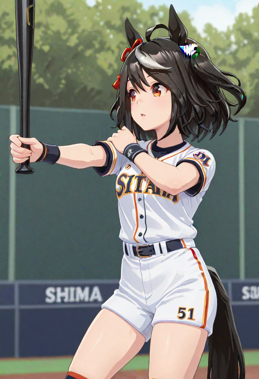 (1girl:1.2), (general:1.3), (masterpiece:1.2), newest, <lora:IchiroBattingStance_ill_v01:1>,kitasan black \(umamusume\) (holding, holding baseball bat, baseball bat:1.2), outstretched arm, (hand on own shoulder:0.7), skindentation