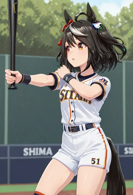 (1girl:1.2), (general:1.3), (masterpiece:1.2), newest, <lora:IchiroBattingStance_ill_v01:1>,kitasan black \(umamusume\) (holding, holding baseball bat, baseball bat:1.2), outstretched arm, (hand on own shoulder:0.7), skindentation