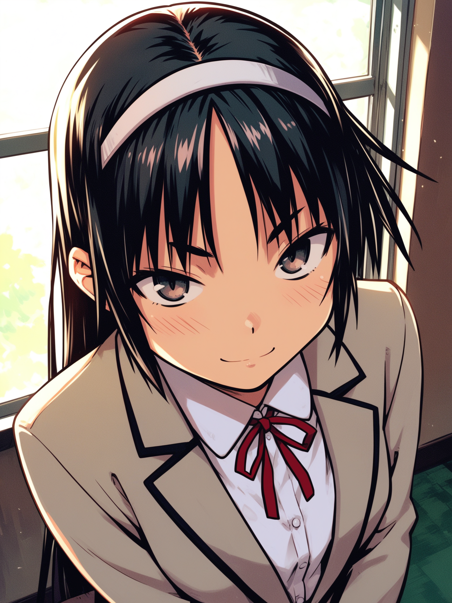 <lora:happy_tentacle-hinata-v0.1-000060:1>, ht_hinata, school uniform, collared shirt, blazer, hairband , indoors 1girl, solo, upper body , , ( naughty face :1), , looking at viewer , , from above , score_9, score_8_up, score_7_up, score_6_up, score_5_up, score_4_up