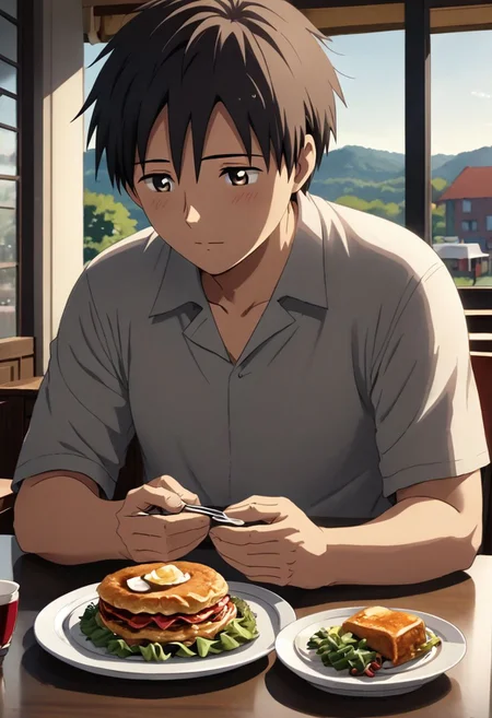 high resolution, solo, best quality, 1Boy, Takaki Toono, Brownish Hair, Brown Eyes, dating, romantic, dinner, OverallDetail