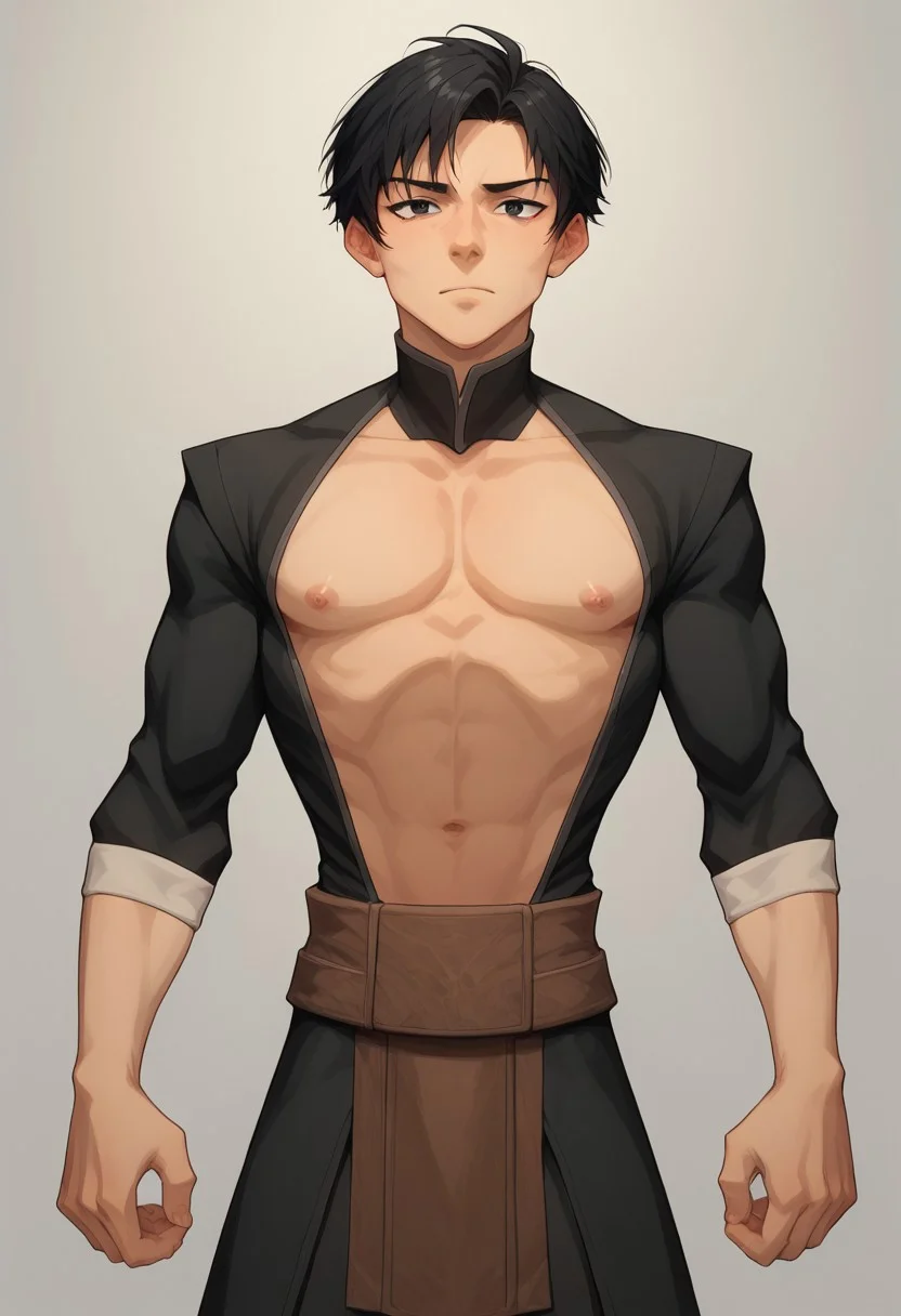 score_9, score_8_up, score_7_up, 8k, best quality, charturnerv2, sz4d3k, 1boy, even skin tone, cell shaded, male focus, indirect lighting, detailed face, detailed eyes, detailed, Expressiveh, adult male, Genbu, black hair, short hair, black eyes, black robes, tight clothes, bara male, pectorals, large chest, face focus, head shotsn Green crystal turtle shell, stern expression, standing, solo, alone, hands, detailed hands, anatomically correct hands, five fingers, NEGATIVE_HANDS