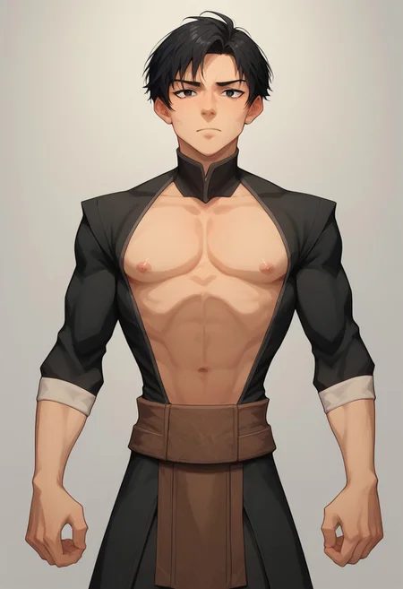 score_9, score_8_up, score_7_up, 8k, best quality, charturnerv2, sz4d3k, 1boy, even skin tone, cell shaded, male focus, indirect lighting, detailed face, detailed eyes, detailed, Expressiveh, adult male, Genbu, black hair, short hair, black eyes, black robes, tight clothes, bara male, pectorals, large chest, face focus, head shotsn Green crystal turtle shell, stern expression, standing, solo, alone, hands, detailed hands, anatomically correct hands, five fingers, NEGATIVE_HANDS