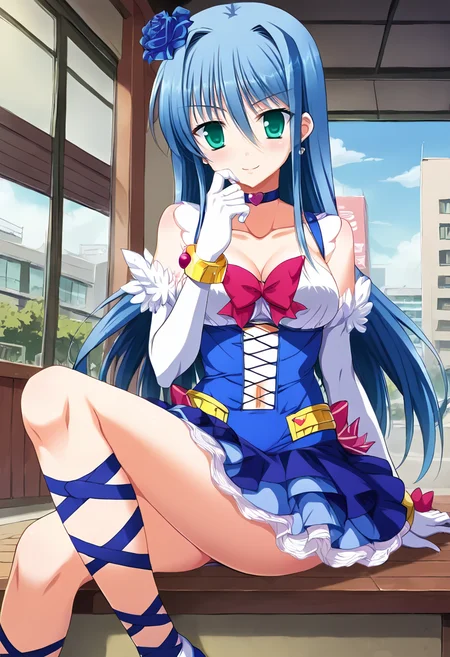 score_9, score_8_up, score_7_up, source_anime, masterpiece, 1girl, ct_ruri, blue hair, medium breasts, earrings, long hair, hair flower, choker, blue short dress, pink bowtie, cross-laced dress, elbow gloves, bracelet, cross-laced footwear, looking at viewer, indoors, japanese home, cowboy shot, hand on chin, smile, sitting, knee up, <lora:ReiRurisawa_FairyKanon_Pony_ct_ver2:1>