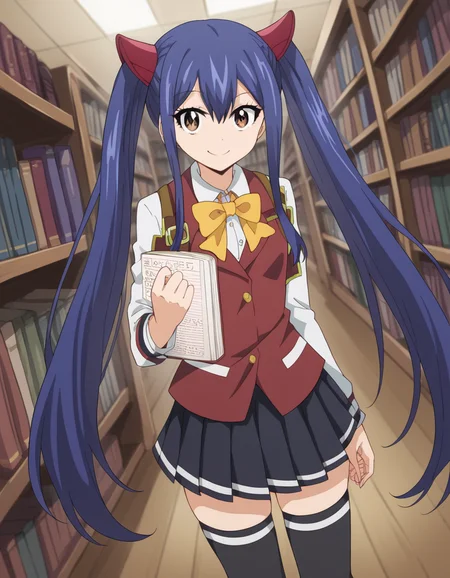score_9, score_8_up, score_7_up, source_anime, <lora:wendy-marvell-100yq-ponyxl-lora-nochekaiser:1>, wendy marvell, long hair, hair ornament, ribbon, hair between eyes, twintails, brown eyes, very long hair, blue hair,, skirt, thighhighs, bow, ribbon, pleated skirt, black thighhighs, bowtie, black skirt, zettai ryouiki, yellow bow, yellow ribbon, bookstore, browsing shelves, new book smell, finding a favorite, quiet atmosphere, smile, looking at viewer, smile, solo,, dutch angle,