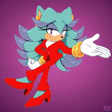 Breezie the Hedgehog, purple eyes, green fur, long hair, furry female, two-tone hair, red suit, red pants, red high heels, white gloves, gold bracelets, gold earrings