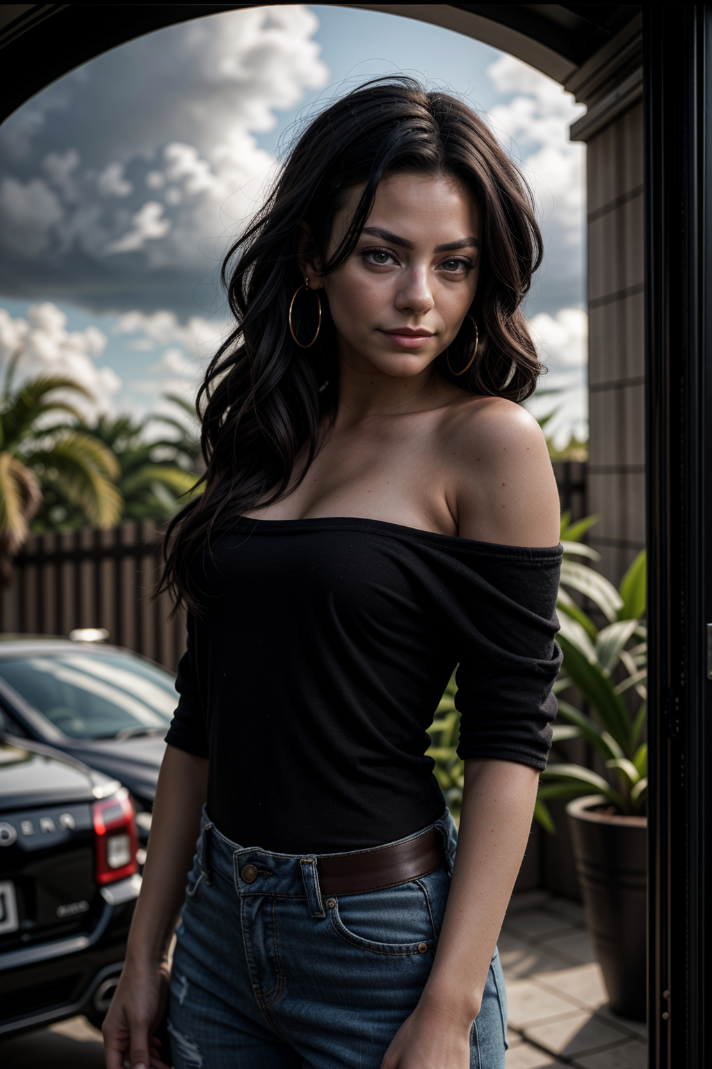 bhsm1, 1girl,  black hair,  earrings, outdoors, long hair,  potted plant, solo, upper body, , close-up, dark background, pillar, garage, wind, floating hair, cloudy sky, off-shoulder shirt, vertical stripes, looking at another, 
masterpiece, best quality, intricate detail,       <lora:LCM_LoRA_Weights_SD15:1> <lora:backlight_slider_v10:-0.5>   <lora:add_detail:0.5>