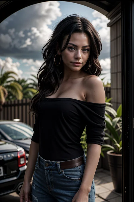 bhsm1, 1girl, black hair, earrings, outdoors, long hair, potted plant, solo, upper body, , close-up, dark background, pillar, garage, wind, floating hair, cloudy sky, off-shoulder shirt, vertical stripes, looking at another,
masterpiece, best quality, intricate detail, <lora:LCM_LoRA_Weights_SD15:1> <lora:backlight_slider_v10:-0.5> <lora:add_detail:0.5>