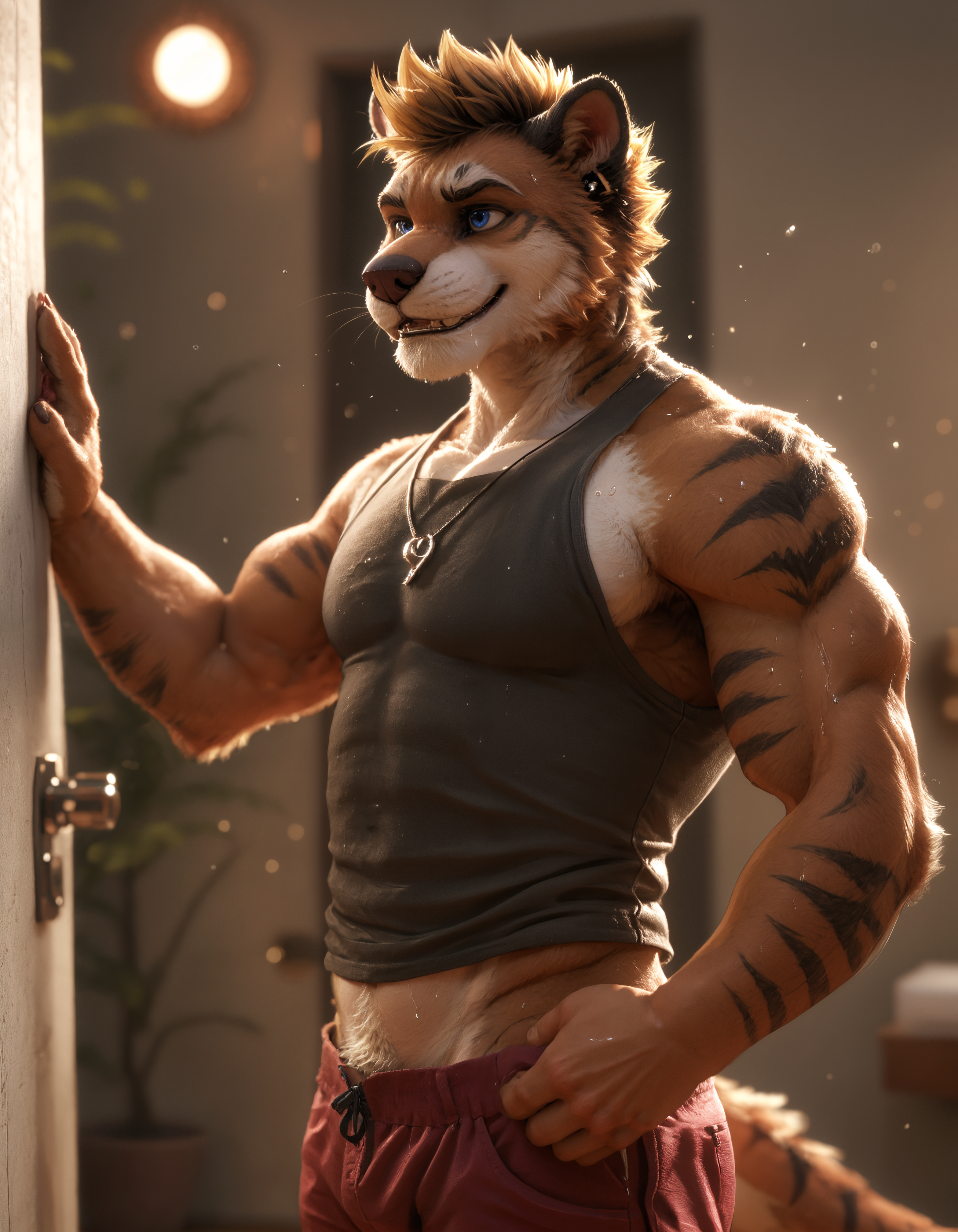 score_9, score_8_up, score_7_up, BREAK rating_safe,  detailed, cinematic lighting, hdr, particles, masterpiece, best quality, ultra realistic, 4k, 2k, film photography, RAW photo, photorealistic, analog style, subsurface scattering, photorealism, fluffy fur, detailed fur, <lora:add-detail-xl:3.0>, <lora:2.5DRealisticV2.safetensors:0.15>, <lora:sinfully_stylish_SDXL.safetensors:1.0>,  <lora:AdvancedEnhancerXLv2.safetensors:1.0>, anthro, furry, dutch angle, detailed background, embedding:easynegative, pose, <lora:kyo_kiasano-09.safetensors:1.0> kyo_kiasano, anthro, male, 1boy, male focus, solo, furry male, furry, towel, muscular, bara, piercing, animal ears, blue eyes, stripes, teeth, tail, sweat, necklace, red shorts, black tank top, navel, short hair, grin (from side, standing looking up at partner, rape face, denali national park steam spotlight morning night rock:1.15)