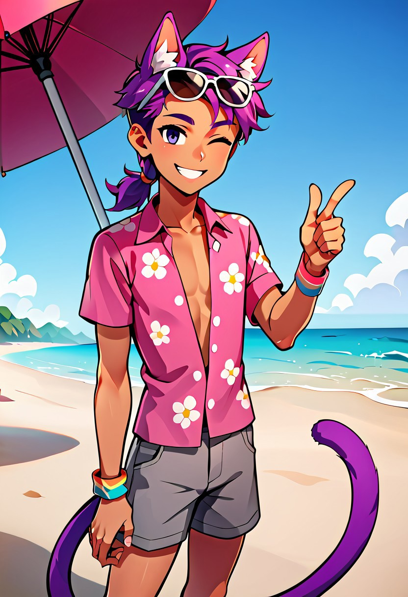 sscore_9, score_8_up, score_7_up, score_6_up, score_5_up, score_4_up, zzCitronCAT, beach background, sunny, blue sky, clear sky, sand, sea, umbrella, solo, 1boy, facing screen, cute, perfect hands, bob, human, vitiligo, dark skin, light spot around left eye, purple hair, cat ears, smiling, eyes half-closed, long hair, hair tied, cat tail, pink shirt, unbuttoned hawaiian shirt, bare chest, floral shirt, gray shorts, dark shorts, rubber band wristbands, shades, sunglasses, sunglasses on forehead, winking, thumbs-up