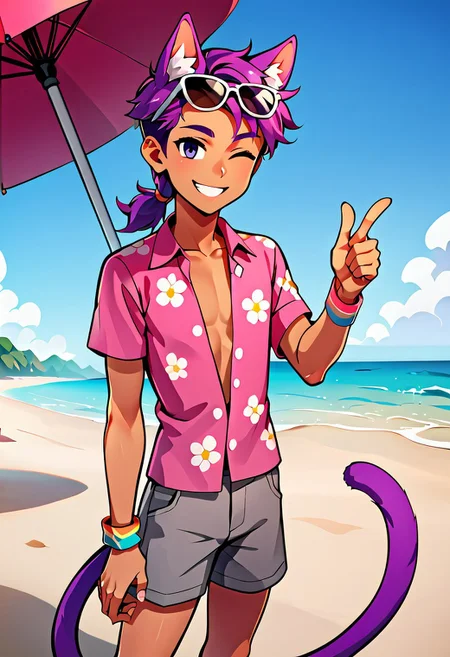 sscore_9, score_8_up, score_7_up, score_6_up, score_5_up, score_4_up, zzCitronCAT, beach background, sunny, blue sky, clear sky, sand, sea, umbrella, solo, 1boy, facing screen, cute, perfect hands, bob, human, vitiligo, dark skin, light spot around left eye, purple hair, cat ears, smiling, eyes half-closed, long hair, hair tied, cat tail, pink shirt, unbuttoned hawaiian shirt, bare chest, floral shirt, gray shorts, dark shorts, rubber band wristbands, shades, sunglasses, sunglasses on forehead, winking, thumbs-up