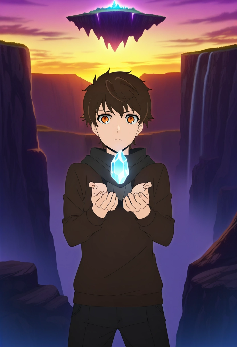 masterpiece, best quality, anime screencap, official style, anime coloring, cowboy shot, 1boy, solo, male focus, <lora:twenty-fifth_bam_ilxl:0.98>, twenty-fifth_bam, brown hair, orange eyes, short hair, , scarf, cliff, valley, floating island, waterfall, glowing crystal, mist, sunset, magic, mountain, panorama, triumphant pose, determined expression,