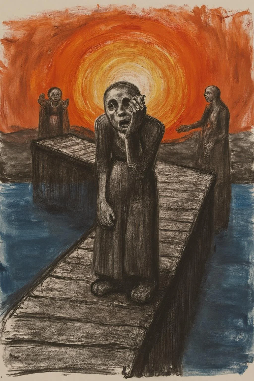 kako1 black and white charcoal drawing. A figure standing on a wooden bridge, clutching their face in despair, with a backdrop of swirling, fiery orange skies and deep blue water. The figure's skeletal, distorted form conveys a sense of anxiety and existential dread, emphasized by their wide, hollow eyes and open mouth. The bridge extends diagonally into the composition, framed by two shadowy figures in the background and fjord-like landforms in the distance. The overall scene is dynamic, with bold, swirling strokes and vibrant, contrasting colors creating an atmosphere of emotional turbulence, <lora:kako1_litho_nocap_d6a3:1.0><lora:814769912108075100:0>