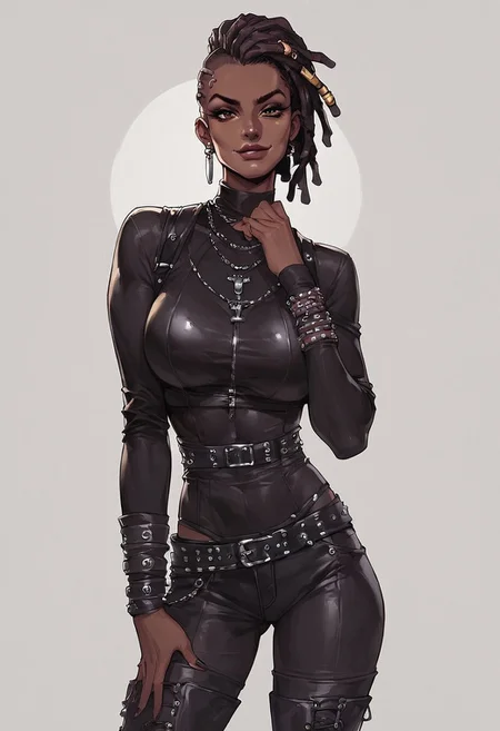 score_9, score_8_up, score_7_up, score_6_up, 1girl, solo, standing,african,darkskin, dark skinned woman, beautiful face, milf, slim, dreadlock mohawk, punk, smirk, gothic clothes, boots