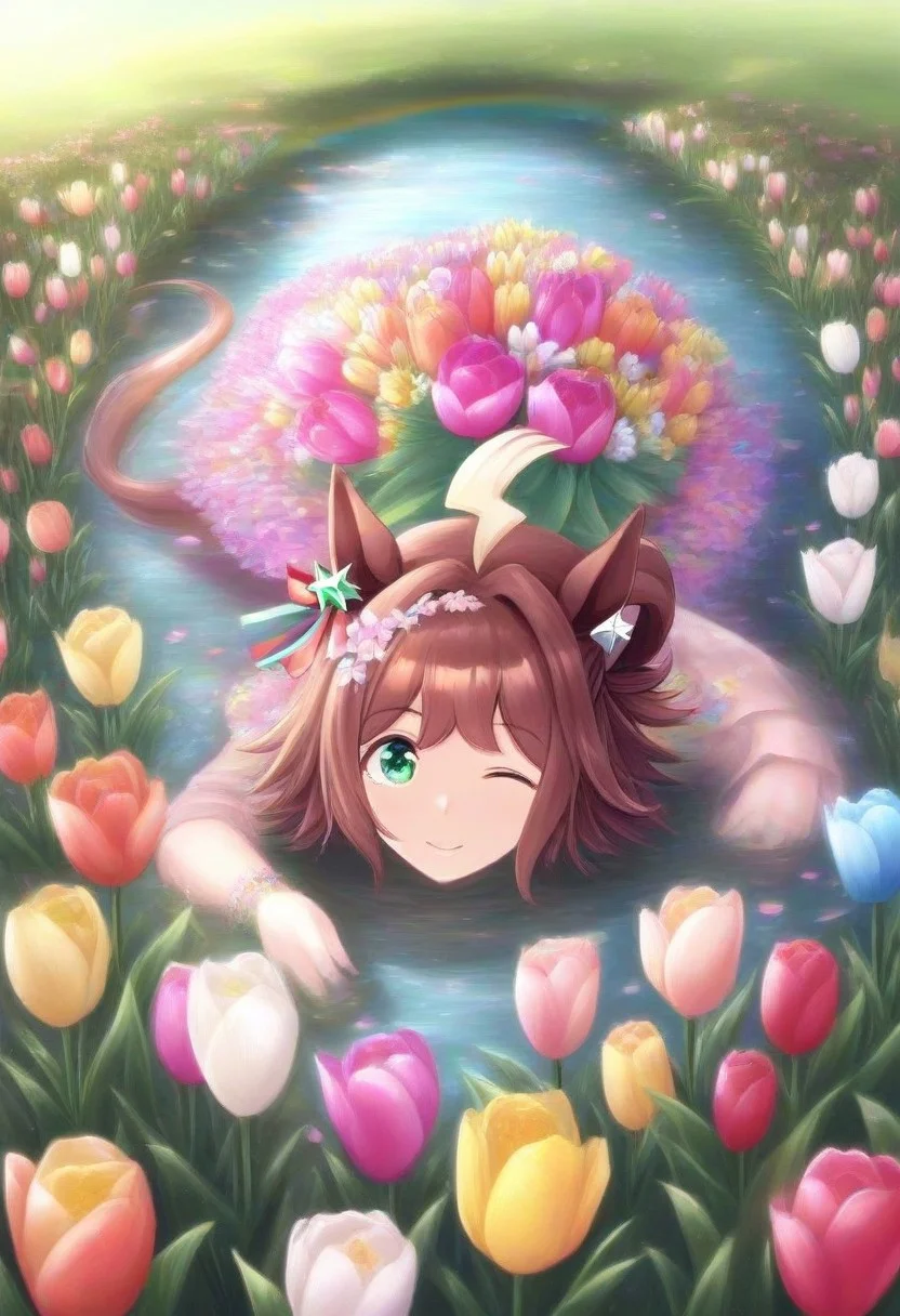 (umamusume, rhein_kraft_(umamusume), horse_ears, horse_girl, tail, 1girl, ahoge, animal_ears,)
casual, Tulip,Tulip flower, Tulip flower_field,
head_wreath, looking_at_viewer, solo, aesthetic, absurdres, symmetric , , g0ldsw0rthy,
(realistic, photo, artistic, medium_hair, one_eye_closed, petals, relaxing, smile, spiralling vortex made of multicoloured tulips, lush foliage sunrise, ripples, reflective, jaynl-tm, rainbow,green_eyes, hair_between_eyes, hair_ornament, : 0.7)
