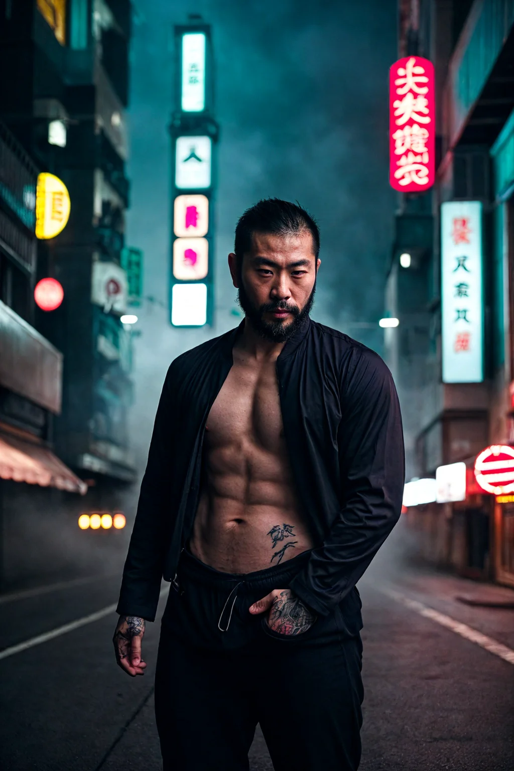 medium shot of handsome japanese man in dark clothes, short hair, bearded, tattooed, irezumi, yakuza, open jacket, muscled, (city street, neon, fog, volumetric),