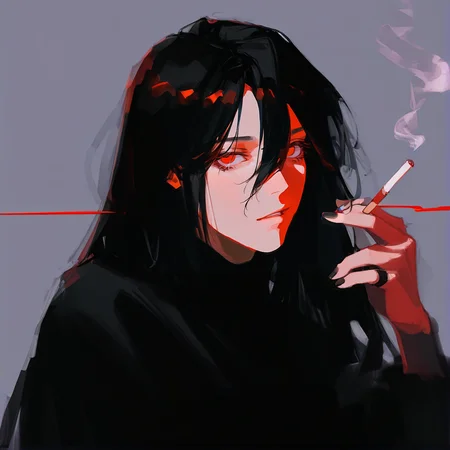 1girl, grey background, holding cigarette, looking at viewer, solo <lora:lif:1> lifmfl, 1girl, long hair, solo, black hair, red eyes, hair between eyes, black dress,  <lora:nhl-001:1> nhl-001, limited palette, realistic <lora:DarkerThanBlackIllustrious:1>