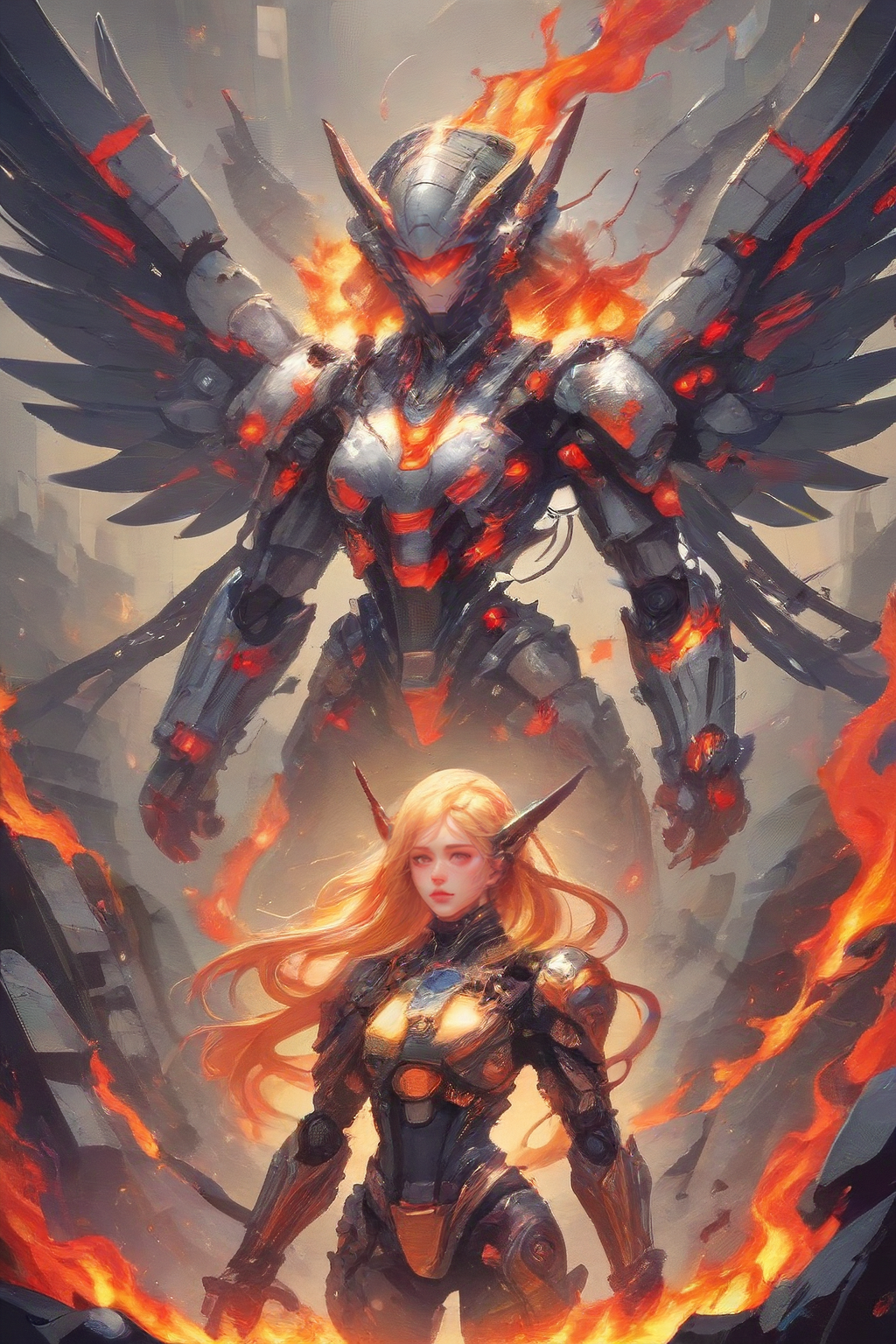 score_9,score_8_up,score_7_up,score_6_up,score_5_up,score_4_up,<lora:Turbo_XL:1>,<lora:imaginative:1>,imaginative_art, 2girls, a beam of light on the face, black gold armor, cable, cowboy shot, dynamic posture, fire, foreshortening, glowing, long blonde hair fluttering, mecha, mecha wings, mighty, robot, screen, vision, wearing a battle suit