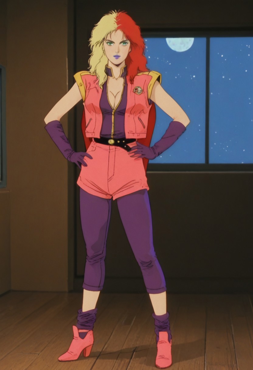 score_9, score_8_up, score_7_up, score_6_up, anime screencap, anime coloring, <lora:CharaSoon_epoch_8:0.8>, CharaSoonS1, red hair, blonde hair, long hair, multicolored hair, lipstick, blue lips, purple eyes, green eyeshadow,
pink jacket, cleavage, breasts, purple gloves, elbow gloves, black belt, cape, pink shorts, purple pants, purple socks, pink high heels,
full body, standing,facing viewer, hand on own hip, 
BREAK, indoors, window, space,
