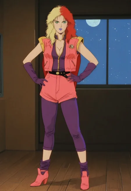 score_9, score_8_up, score_7_up, score_6_up, anime screencap, anime coloring, <lora:CharaSoon_epoch_8:0.8>, CharaSoonS1, red hair, blonde hair, long hair, multicolored hair, lipstick, blue lips, purple eyes, green eyeshadow,
pink jacket, cleavage, breasts, purple gloves, elbow gloves, black belt, cape, pink shorts, purple pants, purple socks, pink high heels,
full body, standing,facing viewer, hand on own hip, 
BREAK, indoors, window, space,