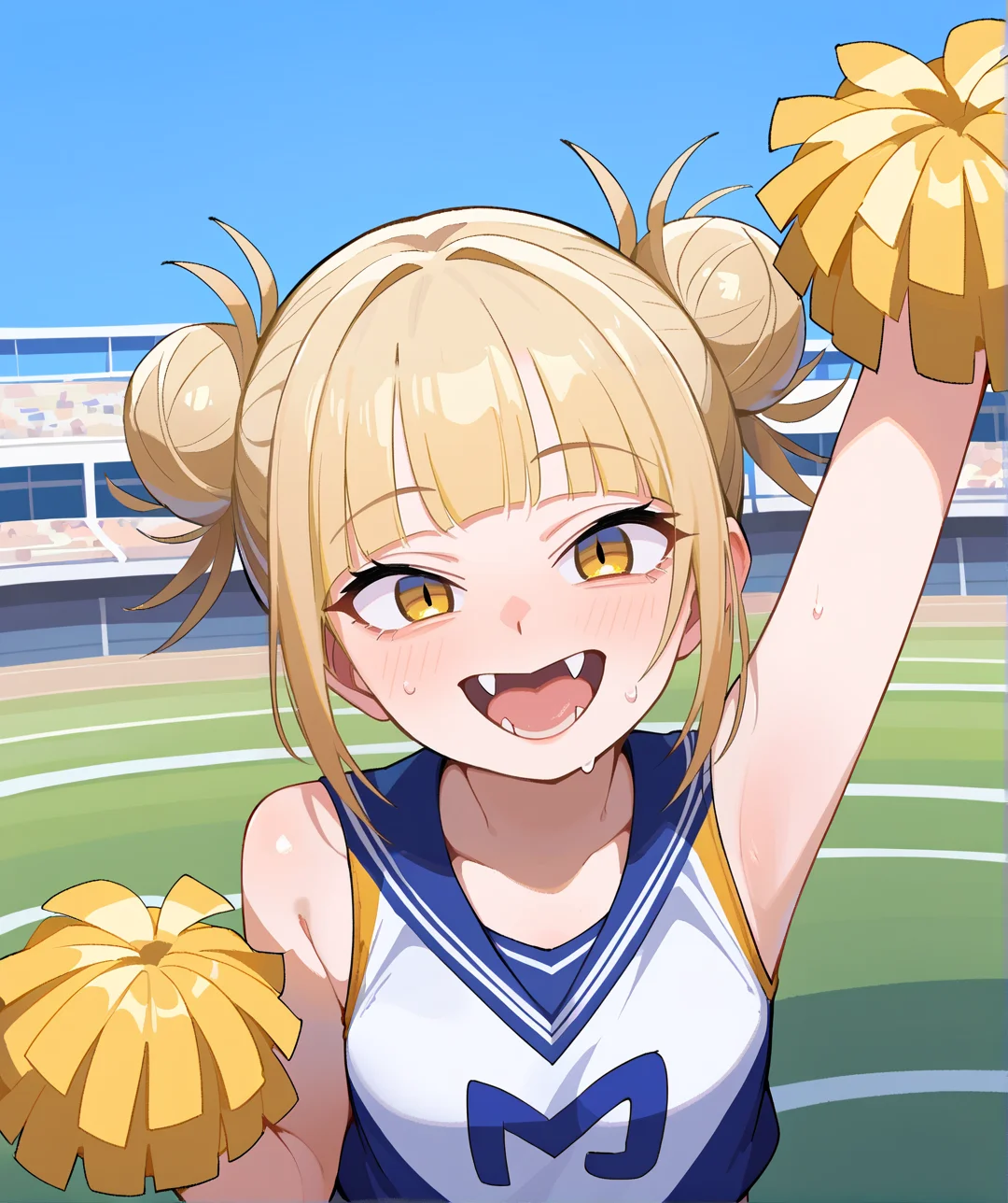 score_9, score_8_up, score_7_up, score_6_up, source_anime,outdoors, stadium, stadium lights, from above, foreshortening, 
BREAK
1girl, blonde hair,toga himiko,yellow eyes,fangs,double bun,  u.a. cheerleader uniform, pom pom \(cheerleading\), happy, cheerleader, arms up, sweat, looking up, upper body, 
<lora:maidcousin_ponyxl-fandango:0.8>