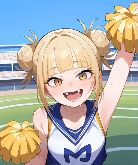 score_9, score_8_up, score_7_up, score_6_up, source_anime,outdoors, stadium, stadium lights, from above, foreshortening, 
BREAK
1girl, blonde hair,toga himiko,yellow eyes,fangs,double bun,  u.a. cheerleader uniform, pom pom \(cheerleading\), happy, cheerleader, arms up, sweat, looking up, upper body, 
<lora:maidcousin_ponyxl-fandango:0.8>