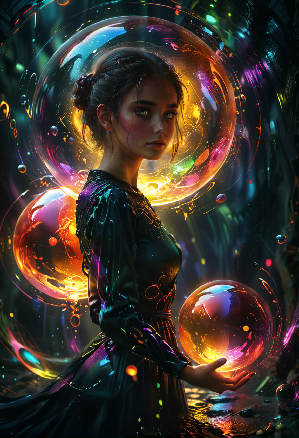 <lora:Lost_In_Dreams:0.75>,bold bright colored orbs glow to light a dark space around a beautiful young woman,atmospheric,dramatic, glow effects, godrays, Hand drawn, render, 8k, octane render, cinema 4d, blender, dark, atmospheric 4k ultra detailed, cinematic, Sharp focus, big depth of field, Masterpiece, colors, 3d octane render, 4k, concept art, trending on artstation, hyperrealistic, Vivid colors, extremely detailed CG unity 8k wallpaper, trending on CGSociety, Intricate, High Detail, dramatic