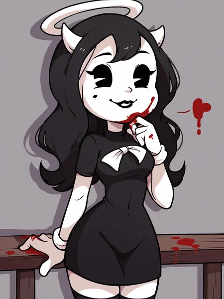 score_9, score_8_up, score_7_up, score_6_up, score_5_up, score_4_up, style parody, vintage,
1girl, alice angel <lora:alice_angel_(batim)-PD-1.0:1>,
simple background, sexy, short dress, contrapposto, seductive, ink stains, flirting, coy