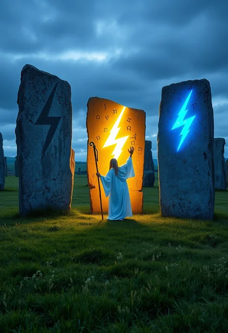 A realistic photograph of a field in England or Ireland, with standing stones like Stonehenge. A druid with a staff wearing a white robe is standing between two of the standing stones. One stone has a carving of a symmetrical lightning bolt symbol on it, and the symbol is glowing yellow. The second standing stone also has an identical lightning bolt symbol that is glowing blue. The druid is reaching out toward the yellow symbol.