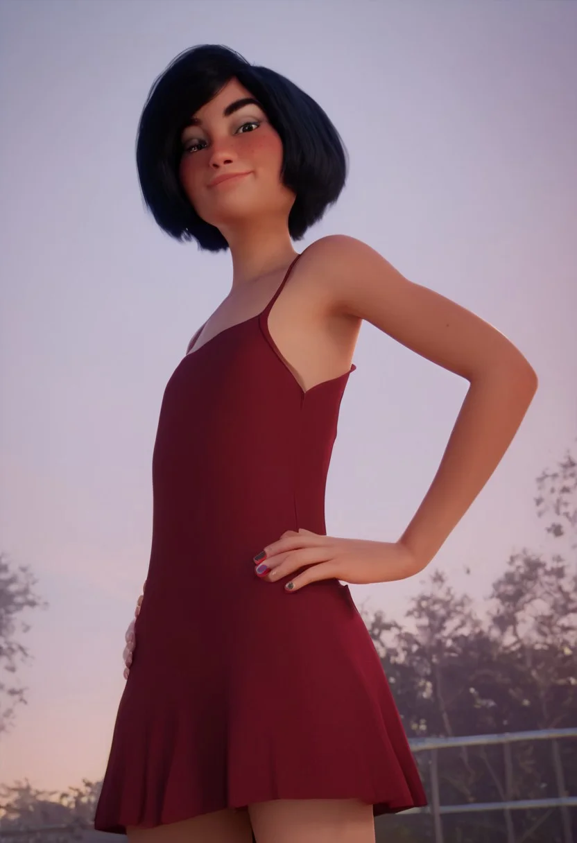 mariolina_red_rtzbb, 1girl, tanned skin, short black hair, thick eyebrows, dark green eyes, freckles, sleeveless red dress, black ballerinas,
score_9_up, score_8_up, score_7_up, BREAK, 1girl, solo, looking at viewer, cute, smirk, from below, hands on hips, head tilt, female focus, ultra detailed, detailed background, trailer park, night, masterpiece, best quality, 8k, Expressiveh, realistic, 3d, portrait, cowboy shot, flat chest, handfixer