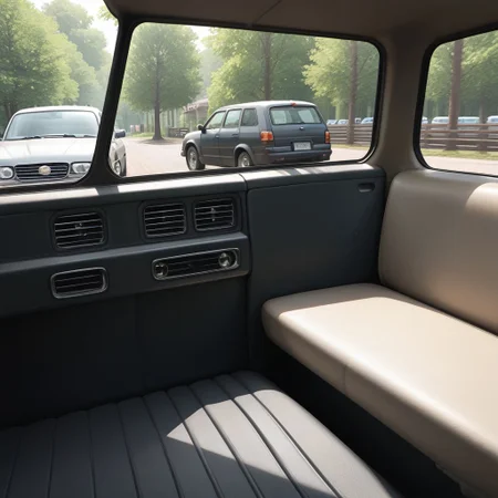 car, seat, no humans, sunlight, outdoors, tree, ground vehicle, motor vehicle