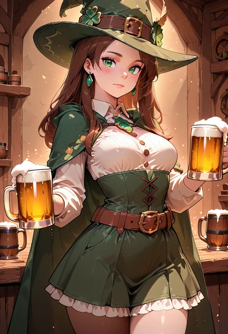 masterpiece, best quality,    ShamrockWorld, 1girl, solo, long hair, looking at viewer, brown hair, shirt, long sleeves, hat, holding, jewelry, medium breasts, closed mouth, green eyes, standing, white shirt, cowboy shot, earrings, frills, collared shirt, belt, artist name, signature, cape, cup, lips, witch hat, buttons, watermark, holding cup, buckle, alcohol, freckles, hat ornament, belt buckle, mug, nose, green headwear, brown belt, beer, beer mug, green cape,  ,<lora:ShamrockWorld_IXL:1.0>,