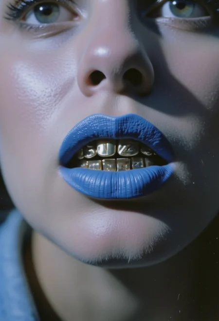 FP100C_FLUX Close-up of a woman’s mouth showing her teeth grill. The grill is made of shiny gold and displays the word 'buzz,'. The woman’s blueish-grey lips are slightly parted, revealing the gold grill. Cyberpunk braid, The overall mood is bold and stylish, with the focus on the detailed craftsmanship of the grill. The lighting is bright, emphasizing the metallic shine of the gold and the smooth texture of her lips, while the background is blurred to keep attention on her mouth. high quality analog photo with minimal grain and perfect very detailed realistic skin, natural woman