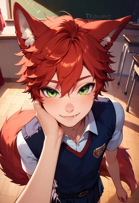 score_9,score_8_up,score_7_up, (1boy, anthro canine humanoid hybrid with red fur, freckles, petite, twink, canine ears, red tail, red hair, green eyes, fluffy, cute, adorable, petite, student, solo, classroom, wearing school uniform, stack of books, fang inspection, fiday, standing, aroused look on face, aroused, lust, visible lust, detailed face, anatomically correct, masterpiece, from above, looking at viewer, negative_hand, Expressiveh, source_anthro, rating_suggestive
