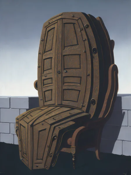 <lora:ReneMagritte:1>a painting of a chair with a door on top of it