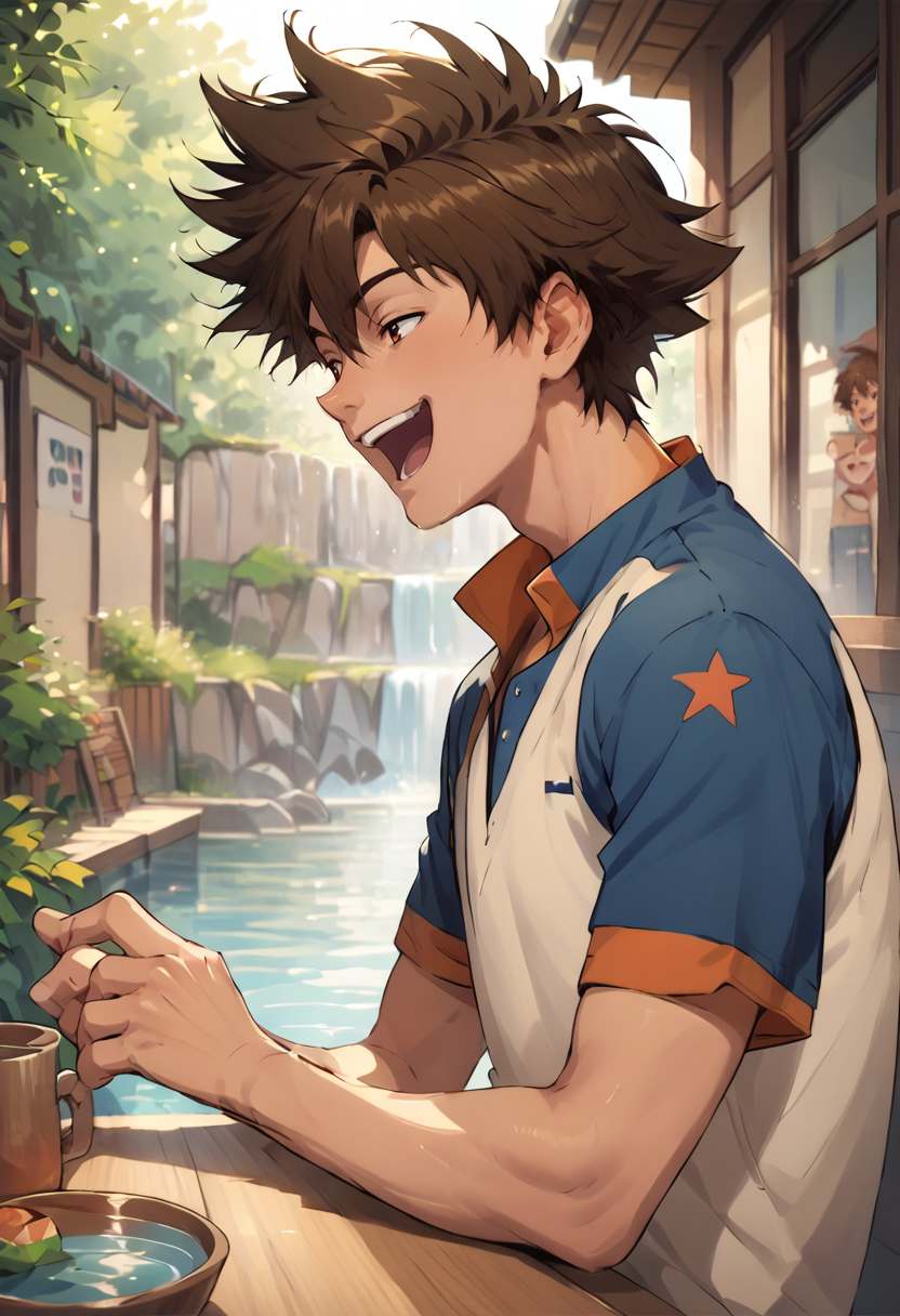score_9,score_8_up,  <lora:YagamiTaichi:1>,yagami taichi, 1boy, <lora:OtherStyle_06:0.6>,brown hair, brown eyes,laughing,table, from side