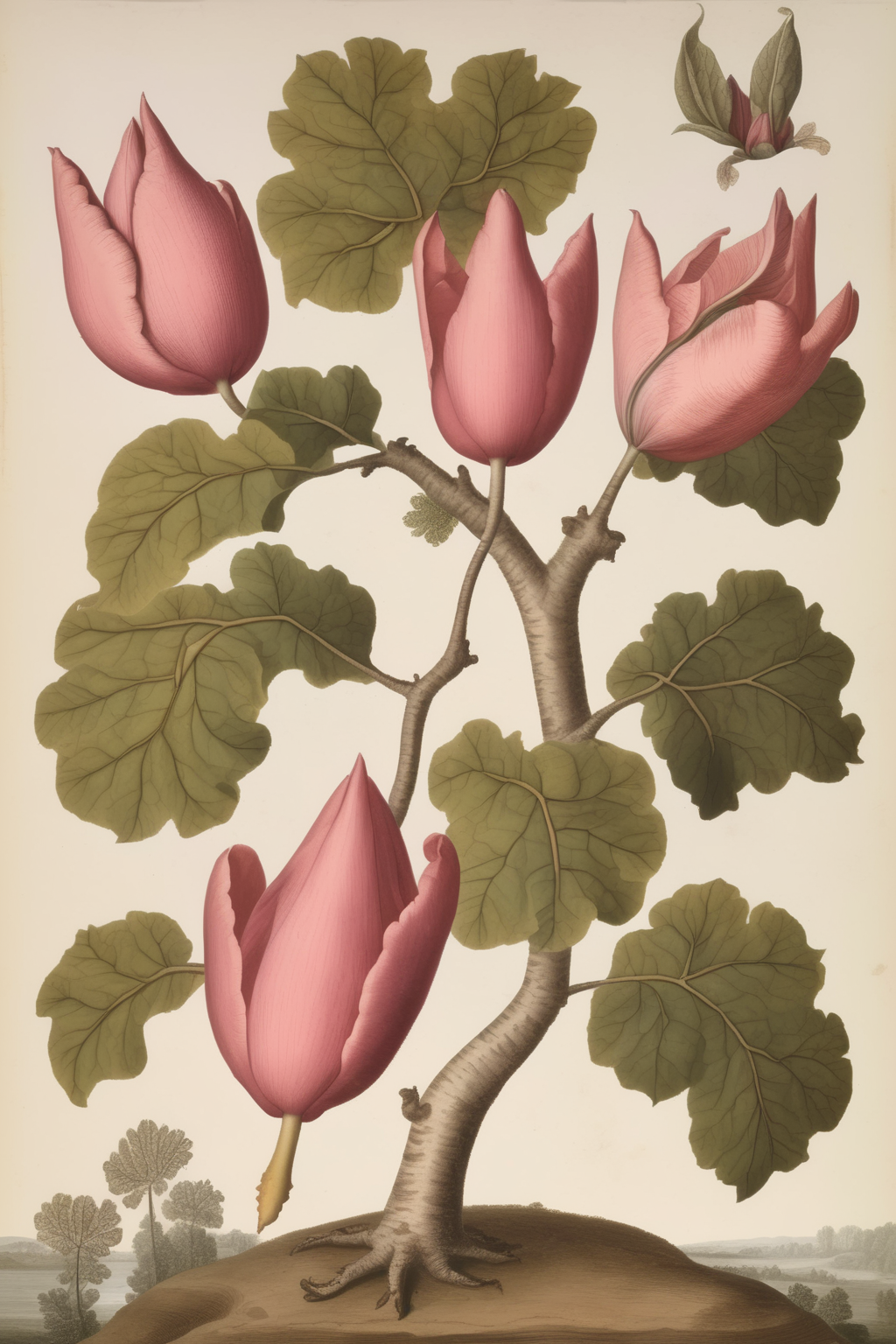 <lora:Mark Catesby Style:1>Mark Catesby Style - the antropomorphic spirit of a tulip tree, in style of a botanical illustration