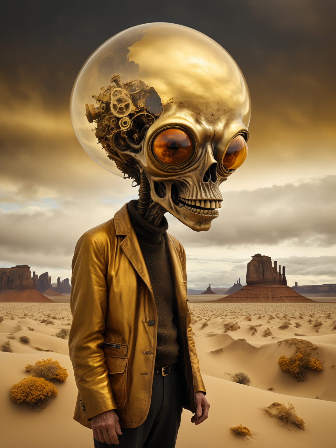Intimate Glimpse of a Explorer: Intricate, perplexing, (desaturated), (a singular piece of Surrealist Automatism, The Wrinkled Nomad), warped space-time continuum, pilgrim with an alien pet:2.1 old man:0.4, salt-and-pepper:0.2 wanderer, crystalline, aged:1.9, lined and wise face, gears and sand as skin, (amber and muted gold colors:2.1) warm glow, cosmologist, dieselpunk, time-lapse, pinhole camera, pinhole photography, film, photo realism, DSLR, 14k uhd, hdr, immaculate composition, museum-quality, calibrated saturation
<lora:xl_more_art-full_v1:1>