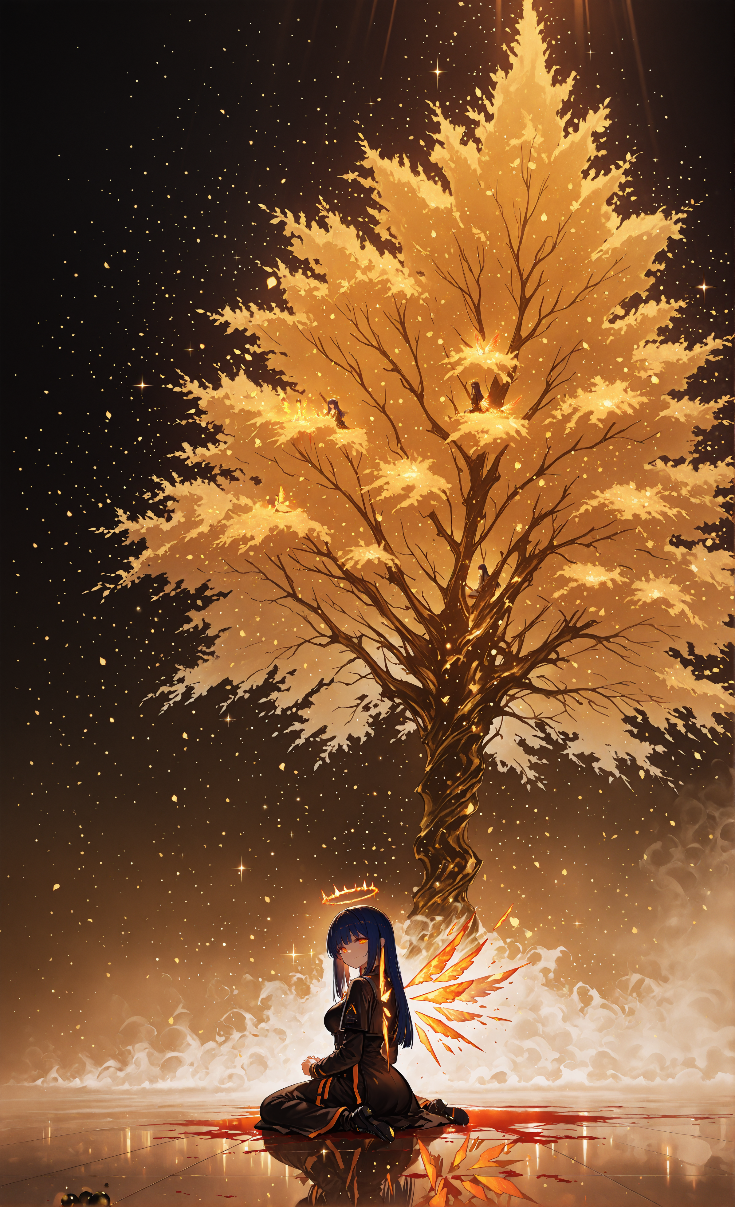 masterpiece, sharp detail, intricate detail, hair shader, 1girl, sharp lines, dark blue hair, orange tips, vivid orange eyes, straight hair, glowing orange halo, detached wings, orange crystal wings, straight hair, medium breasts, arknights style, wariza, from behind, praying, looking back, sad smile, black marble floor, huge golden tree in fog, huge golden tree background, focus on golden tree, falling golden leaves, glowing leaves, dynamic angle, wide shot, light particles, light rays, black gradient background, foggy, blood on floor, <lora:Bright_style:1> Bright_illu, sparkle, <lora:HeavyFogIllXL:0.6> heavy fog, rolling fog, <lora:darkness_xl_v20:0.6>