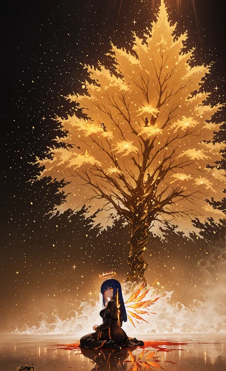 masterpiece, sharp detail, intricate detail, hair shader, 1girl, sharp lines, dark blue hair, orange tips, vivid orange eyes, straight hair, glowing orange halo, detached wings, orange crystal wings, straight hair, medium breasts, arknights style, wariza, from behind, praying, looking back, sad smile, black marble floor, huge golden tree in fog, huge golden tree background, focus on golden tree, falling golden leaves, glowing leaves, dynamic angle, wide shot, light particles, light rays, black gradient background, foggy, blood on floor, <lora:Bright_style:1> Bright_illu, sparkle, <lora:HeavyFogIllXL:0.6> heavy fog, rolling fog, <lora:darkness_xl_v20:0.6>