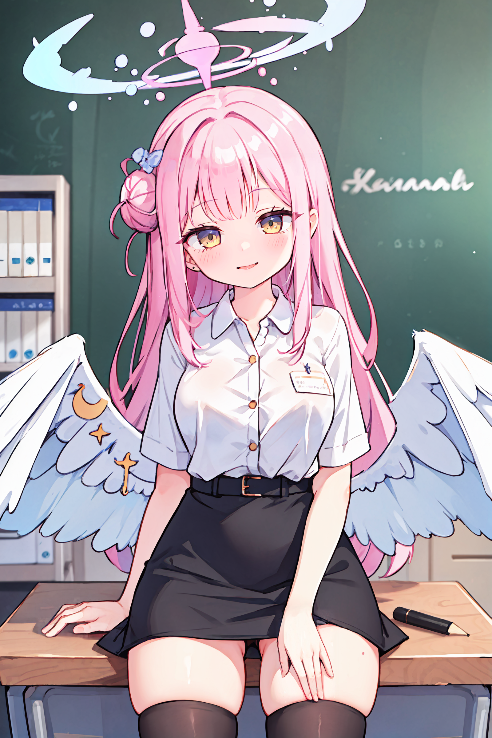 1girl, mika \(blue archive\), solo, halo, low wings, single side bun, office lady, collared shirt, white shirt, pencil skirt, black thighhighs, cowboy shot, looking at viewer, office, sitting on desk, indoors, depth of field, seductive smile, looking at viewer, spread legs, pantyhose, <lora:face-sensualface_type2:0.8>