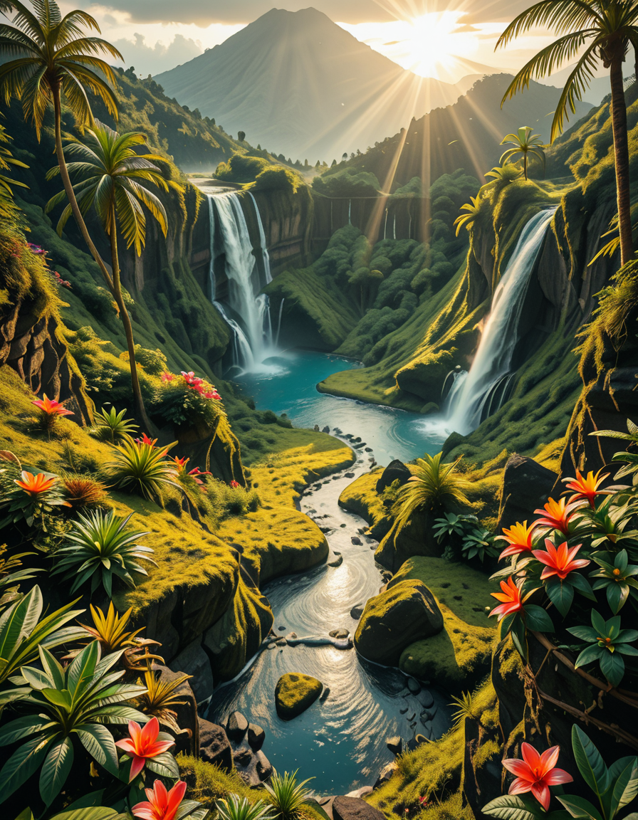 A breathtaking view of an ancient, dormant volcano now transformed into a lush, vibrant natural sanctuary. The crater is filled with dense tropical forests, colorful exotic flowers, cascading waterfalls, and mist swirling gently in the morning light. Vines and moss cover the dark volcanic rocks, and small streams wind down the slopes. while rays of sunlight pierce through the dense canopy, creating sparkling reflections on the water. The atmosphere feels peaceful, enchanted, and untouched by humans. The scene is depicted in an ultra-detailed, hyper-realistic style, with warm, soft lighting and rich, saturated colors that enhance the magical and serene mood of the landscape.
<lora:SDXLFaeTastic2400:0.4> <lora:extremely_detailed:0.4> extremely detailed,dormant v0lc4n0, <lora:dormant_v0lc4n0-i:1>, Masterpiece,best quality,hi res,8k,hi res,8k,award winning,(sharp focus, intricate, highly detailed),