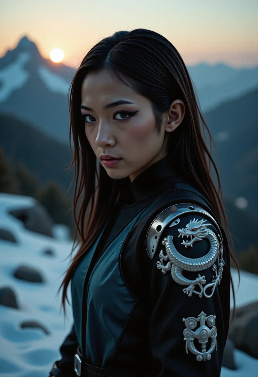 In a serene post-apocalyptic world, a young asian woman, a vision of ninjapunk elegance, stands amidst a snowy landscape as the dawn sun peaks over the mountain range. Her olive skin and long dark hair frame her striking features, enhanced by mechanical_arms and mystical makeup. Her captivating eyes, one a dimly lit mechanical eye, the other a natural gray-blue eye, add to her ethereal beauty. Her wide mouth and full lips make her captivating. She wears a traditional garment, ornate with intricate chinese dragons on the top of her mechanical_arms, her outfit a variation of dark pastel_colors, a testament to ancient cultures. <lora:artist/wlop:1.0>, style of wlop, <lora:Magic of Art 2 (FLUX):1.0>, Cinematic style, Beauty, Realism, Photorealism, Chiaroscuro, High quality, <lora:flux/aeshteticv2:1.0>, aesthetic_pose, dynamic_pose, <lora:flux/flux_realism_lora:1.0>,