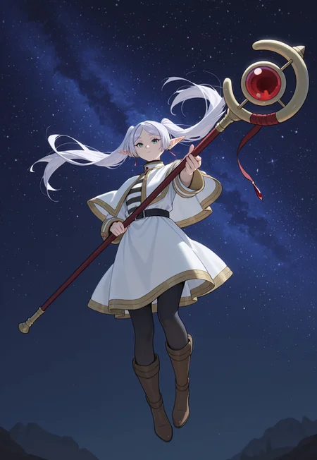 masterpiece, best quality, amazing quality, very aesthetic, absurdres, dynamic angle, ultra-detailed, highly detailed, cinematic lighting, realistic shading, BREAK
night, starry sky, floating, full body, looking at viewer, from below, aiming at viewer, expressionless, floating clothes, floating hair
BREAK
SSNFrieren, 1girl, elf, pointy ears, white hair, parted bangs, long hair, twintails, green eyes, small breasts, floating earring, earrings, layered clothes, gold trim, white capelet, striped shirt, white open jacket, long sleeves, shirt tucked in, jacket tucked in, black belt, white skirt, black pantyhose, brown boots, mage staff, holding staff, 