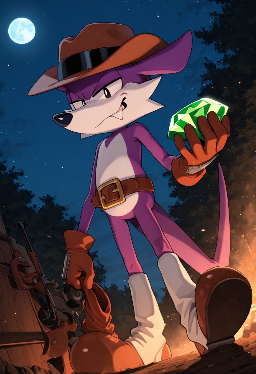 masterpiece, best quality, amazing quality, high detail, absurdres, solo, male, Fang the sniper, stetson hat, belt, gaiters, boots, Outback, Savana, gemstone, holding emerald, night, moon, Tarou_Band!t, looking at virewer, cocky
