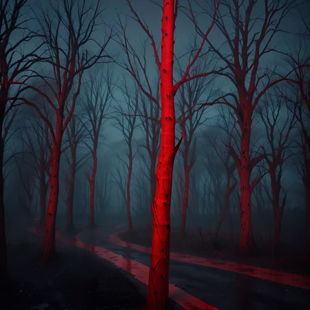 Masterpiece,absurd resolution,8k,high resolution,
NightScapes,3am,creature,trees,bare tree,night,(dark:1.5),fog,,horror (theme),red theme,found tape,grain tape
, <lora:NightScapes_XL:0.8>