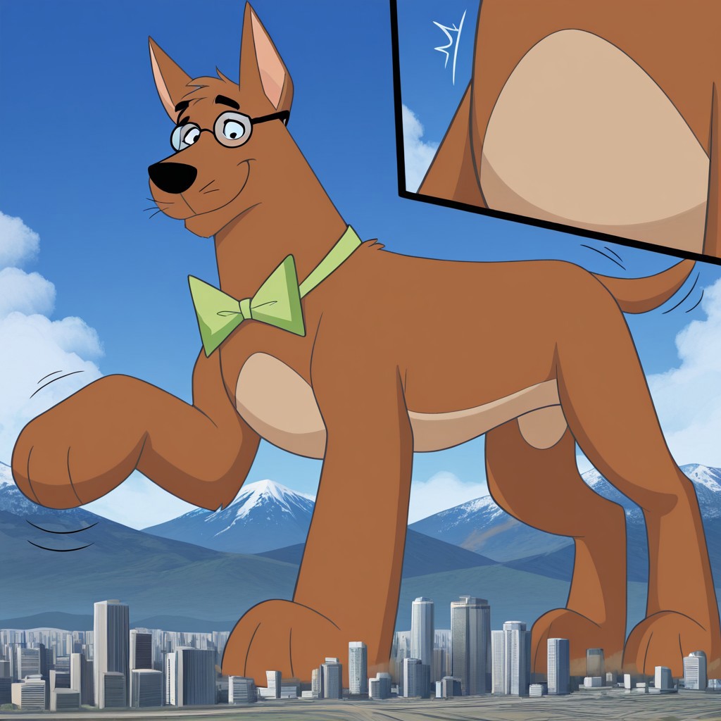 score_9, score_8_up, score_7_up, score_6_up, (source_furry), BREAK, high quality, detailed, best quality, amazing quality, 1boy,solo, furry male, anthro, Juniorsfather, furry, pointy ears, feral, canine, dog, black nose, brown body, brown fur,body fur,detailed cityscape, taking up the whole screen, newest, highres, masterpiece, extreme detail, giantess, male, landscape dwarfing,standing,impact, growth lines,close-up, looking down at viewer, smug, beige belly, sky, blue sky, day, tail, glasses, green bowtie, big paws